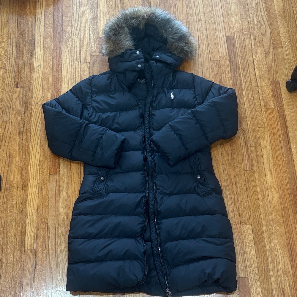 Polo Ralph Lauren Black Down Puffer Coat with Fur Trim